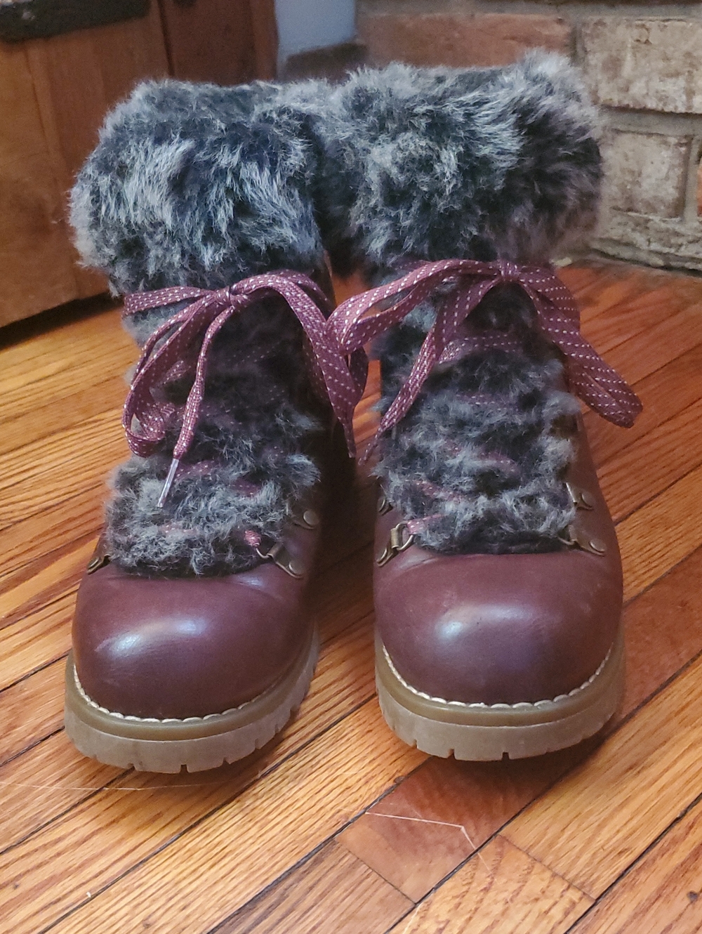 LugZ Faux-Fur Ankle Hiker Boots in Burgundy